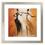 Framed abstract figurative wall art in a sleek silver frame, showcasing vibrant colors and dynamic shapes, perfect for modern decor.