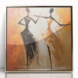 Framed abstract figurative wall art with gold accents, showcasing dynamic shapes and lines, perfect for modern decor.