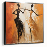 Framed abstract figurative wall art in a black frame, showcasing a colorful design with vibrant shapes and textures, viewed from the side.