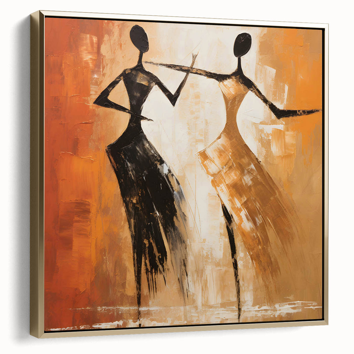 Framed abstract figurative wall art showcasing a gold and black design, elegantly displayed from the side to highlight its modern aesthetic.