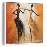 Framed abstract figurative wall art in a sleek white frame, showcasing vibrant colors and dynamic shapes, perfect for modern home decor.