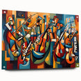 Acrylic glass wall art showcasing an abstract figurative design with vibrant colors and distinct shapes, mounted with decorative pins for a modern aesthetic.