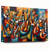 Acrylic glass wall art showcasing an abstract figurative design with vibrant colors and distinct shapes, mounted with decorative pins for a modern aesthetic.