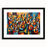 Framed abstract figurative wall art in black, showcasing vibrant colors and modern design elements, perfect for contemporary home decor.