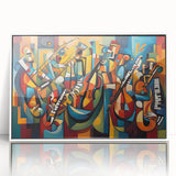 Framed abstract figurative wall art design in a sleek white frame, showcasing vibrant colors and dynamic shapes, ideal for modern decor.