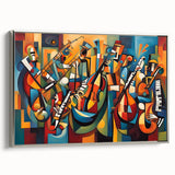 Framed abstract figurative wall art collection showcasing a silver side view design, featuring vibrant colors and modern shapes for contemporary decor.