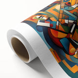 Abstract figurative wall art design on rolled canvas, showcasing vibrant colors and dynamic shapes, ideal for modern interior decor.