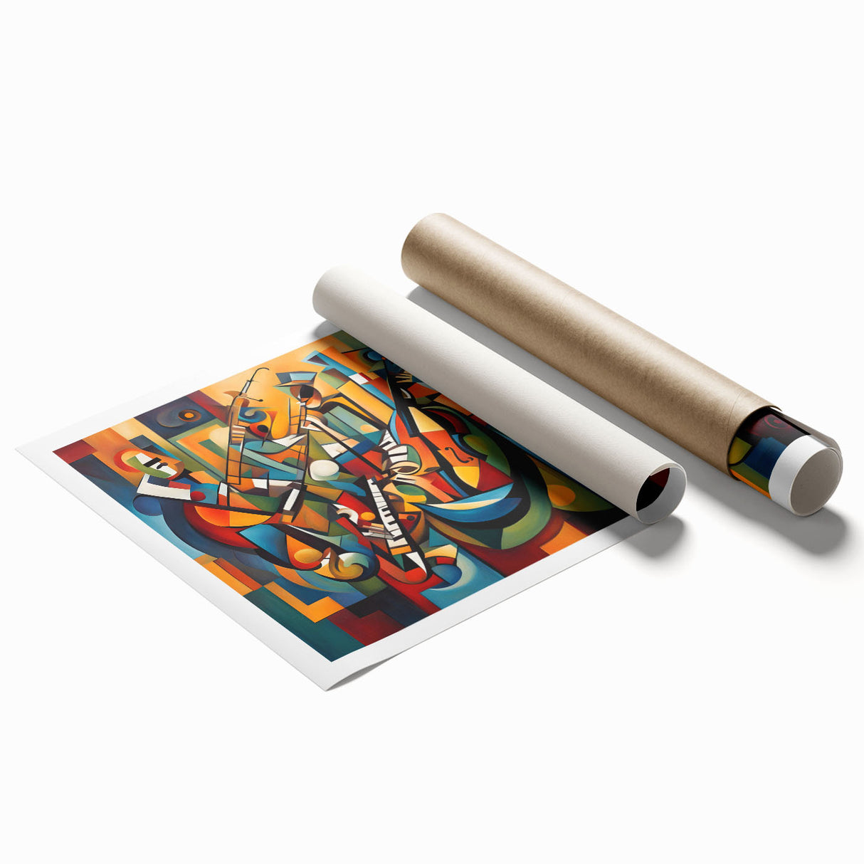 Abstract figurative wall art print showcasing vibrant colors and dynamic shapes, rolled for easy framing, perfect for modern interior decor.