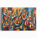 Abstract figurative wall art design on stretched canvas, showcasing vibrant colors and fluid shapes, ideal for modern interior decor.