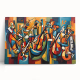 Abstract figurative wall art collection displayed on stretched canvas, showcasing vibrant colors and dynamic shapes that enhance modern decor.