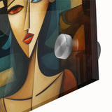 Close-up of an abstract figurative wall art piece showcasing vibrant colors and intricate patterns on acrylic glass, perfect for modern decor.