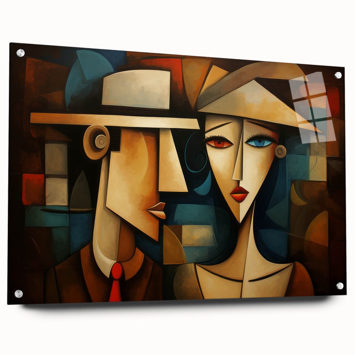 Abstract figurative wall art design displayed in an acrylic glass frame, showcasing vibrant colors and unique shapes, perfect for modern decor.
