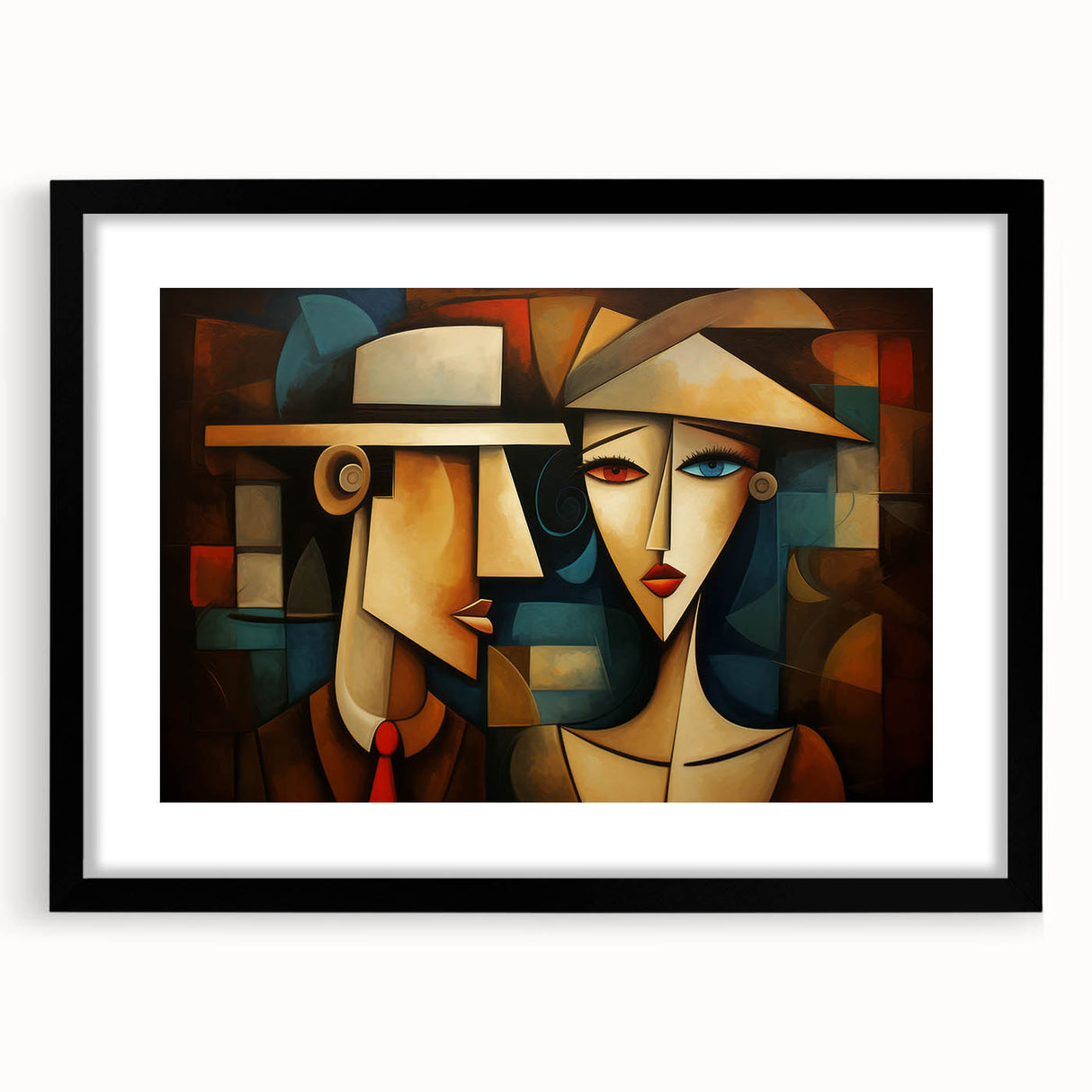 Abstract figurative wall art design in a sleek black frame with a mat, showcasing vibrant colors and unique shapes, ideal for modern decor.