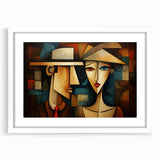 Framed abstract figurative wall art featuring a vibrant design in bold colors, set with a white mat, perfect for modern decor.