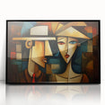Framed abstract figurative wall art in black acrylic, showcasing vibrant colors and dynamic shapes, perfect for modern home decor.