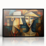 Framed abstract figurative wall art in black acrylic, showcasing vibrant colors and dynamic shapes, perfect for modern home decor.