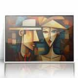 Framed abstract figurative wall art in a sleek white frame, showcasing vibrant colors and dynamic shapes perfect for modern decor.
