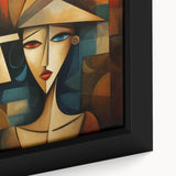 Close-up of a vibrant abstract figurative wall art design, showcasing bold colors and intricate details, elegantly framed for display.