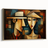 Framed abstract figurative wall art in gold tones, showcasing dynamic shapes and sleek design, perfect for modern home decor.