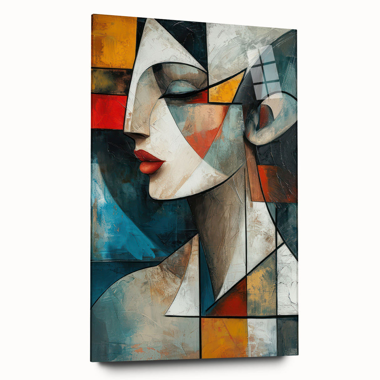 Abstract figurative wall art design showcasing vibrant colors and fluid shapes, displayed in a sleek acrylic glass frame from a side view.
