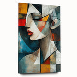 Abstract figurative wall art design showcasing vibrant colors and fluid shapes, displayed in a sleek acrylic glass frame from a side view.