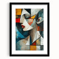Abstract figurative wall art featuring a modern black frame with a mat, showcasing vibrant colors and unique shapes, perfect for contemporary decor.
