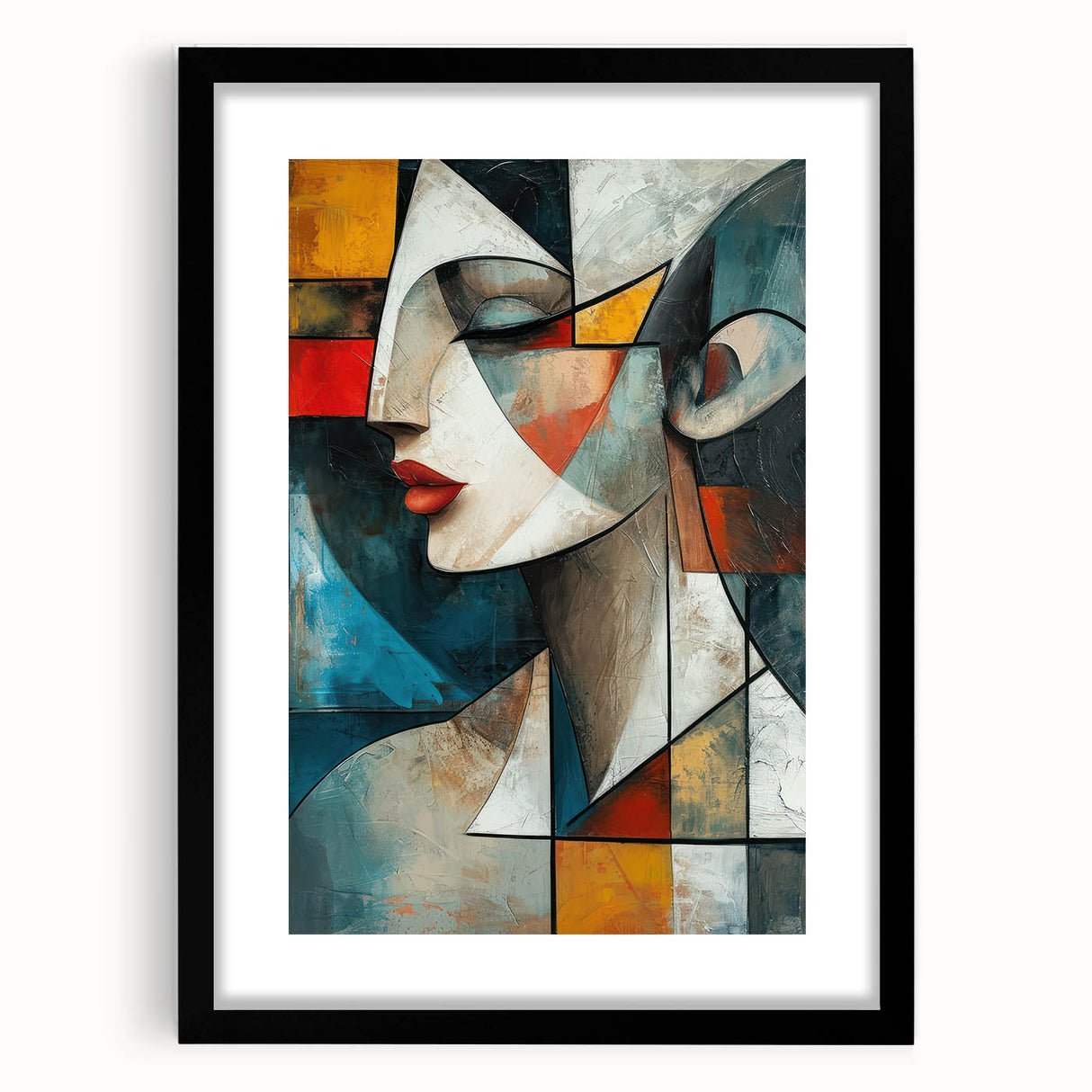 Abstract figurative wall art featuring a modern black frame with a mat, showcasing vibrant colors and unique shapes, perfect for contemporary decor.