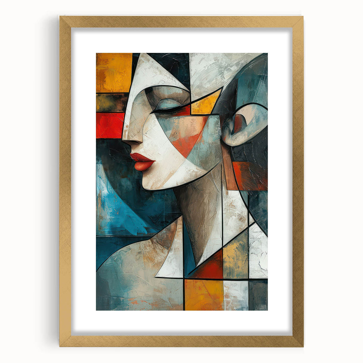 Framed abstract figurative wall art design in gold, showcasing vibrant colors and unique shapes, perfect for modern home decor.