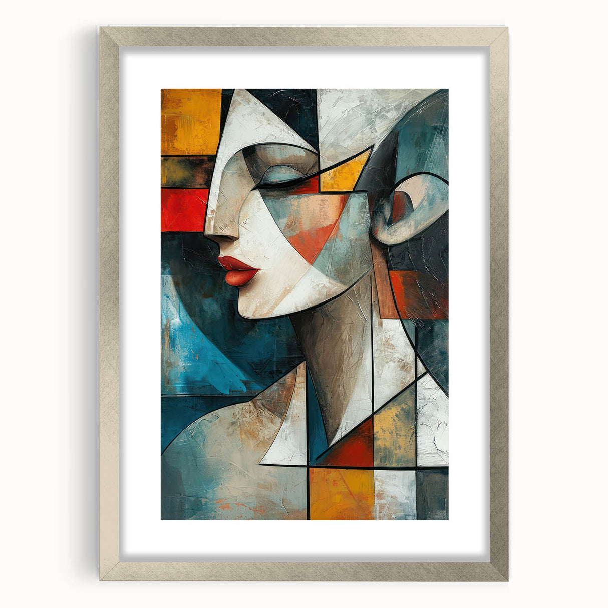 Framed abstract figurative wall art design in silver frame, showcasing colorful geometric shapes and modern aesthetics, ideal for contemporary decor.