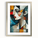 Framed abstract figurative wall art design in silver frame, showcasing colorful geometric shapes and modern aesthetics, ideal for contemporary decor.