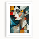 Framed abstract figurative wall art in a white mat and frame, showcasing vibrant colors and modern design, perfect for contemporary decor.