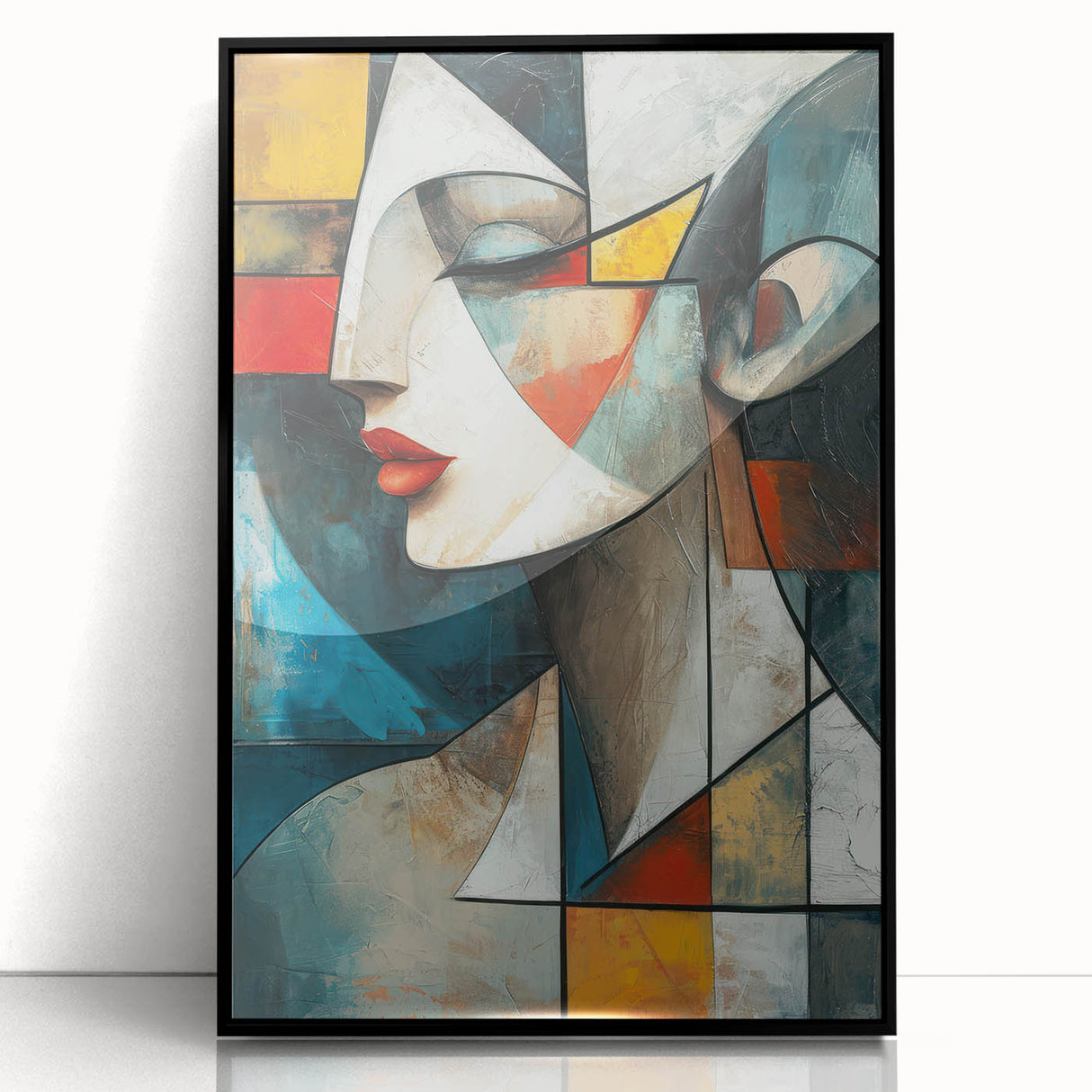 Framed abstract figurative wall art in black acrylic, showcasing a captivating design with fluid shapes and vibrant colors, perfect for modern decor.