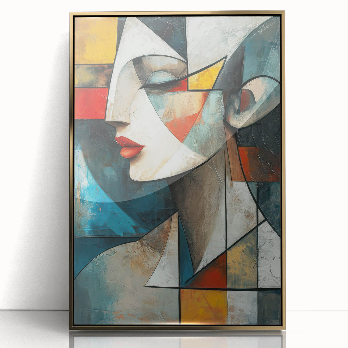 Framed abstract figurative wall art featuring a gold-accented design with intricate patterns, set against a neutral background, ideal for modern decor.