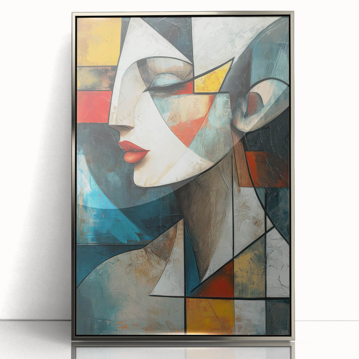Framed abstract figurative wall art design showcasing vibrant colors and dynamic shapes in a sleek silver frame, adding contemporary flair.