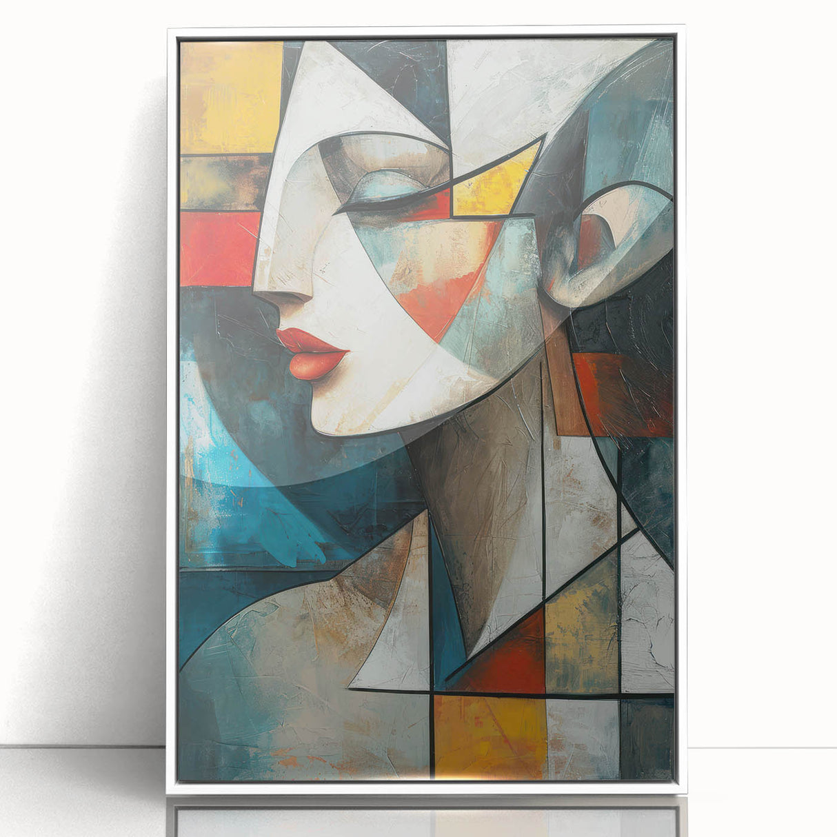 Framed abstract figurative wall art design showcasing vibrant colors and fluid shapes, presented in a sleek white frame for modern decor.