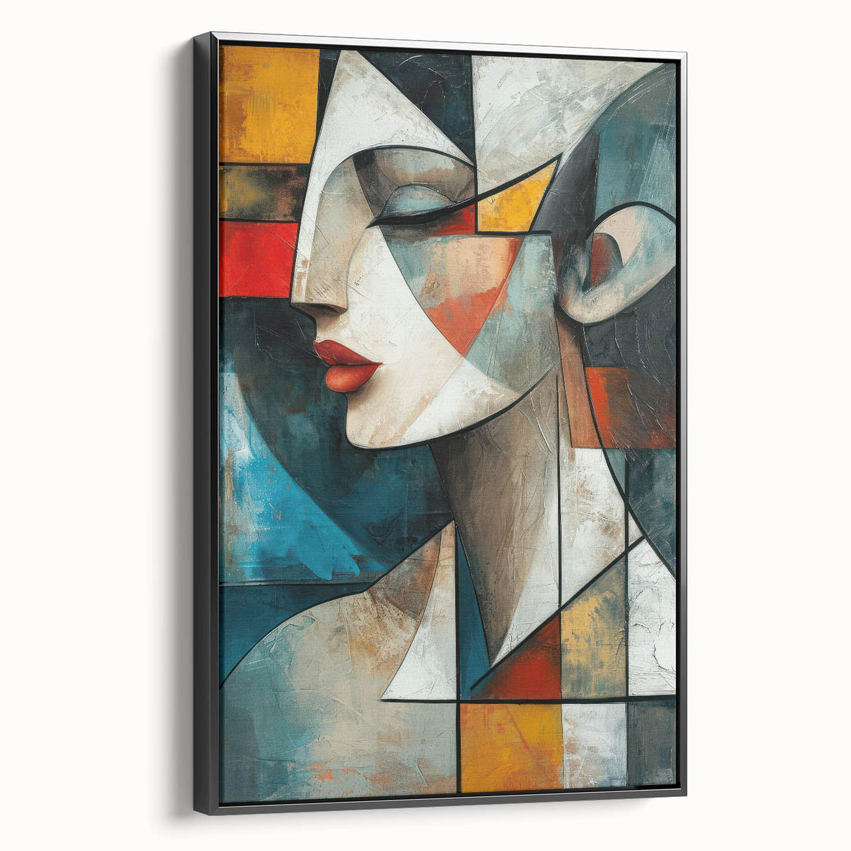 Framed abstract figurative wall art featuring a black design on canvas, showcasing unique shapes and textures from a side view perspective.
