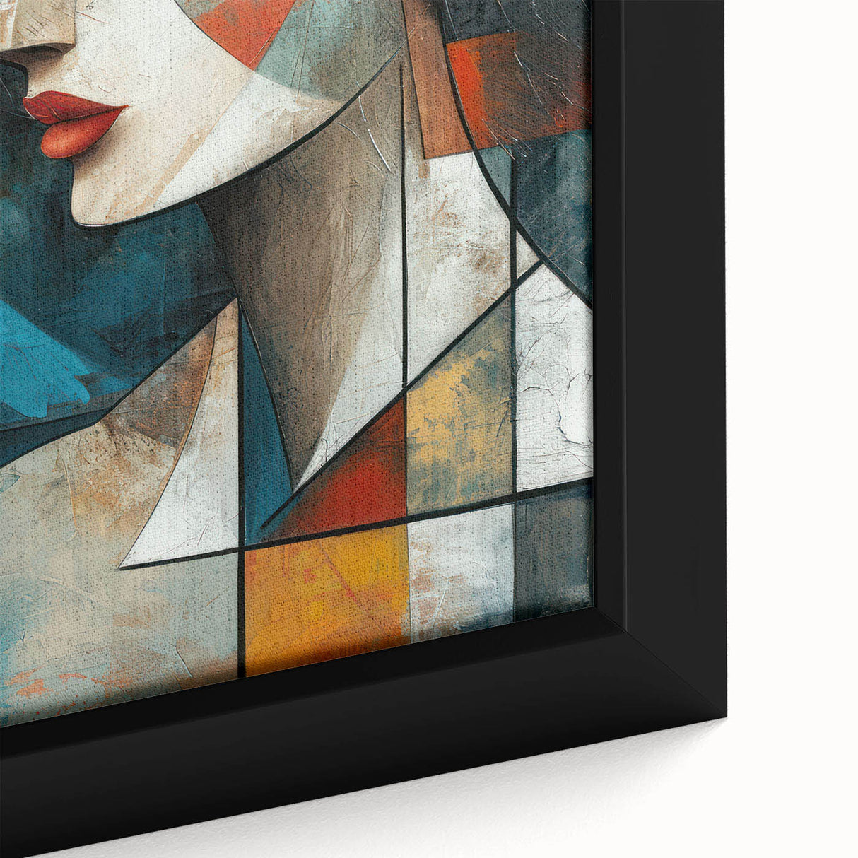 Close-up of a framed abstract figurative wall art piece showcasing vibrant colors and dynamic shapes, ideal for modern home decor.