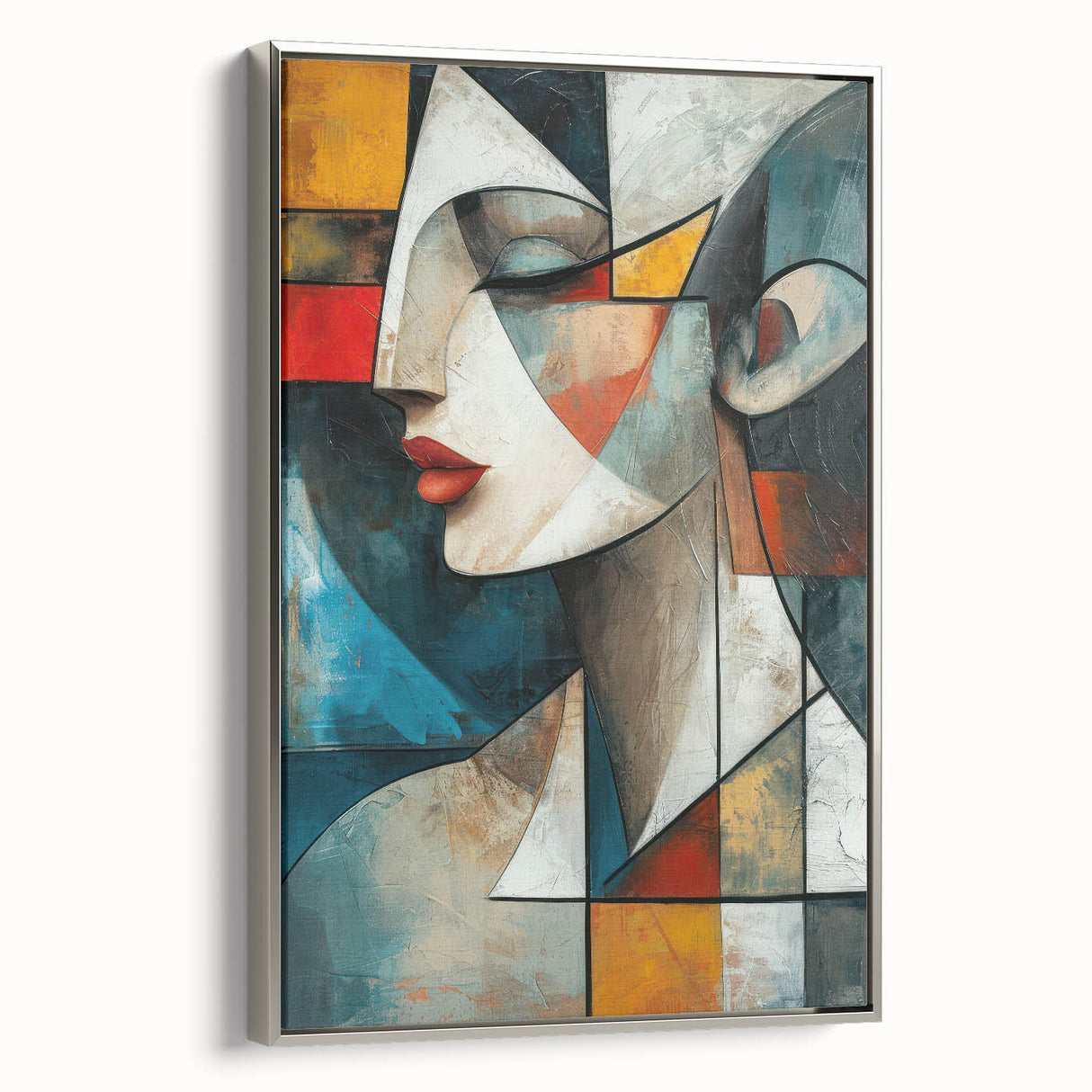 Framed abstract figurative wall art design showcasing a silver color palette, elegantly displayed in a modern setting to enhance home decor.