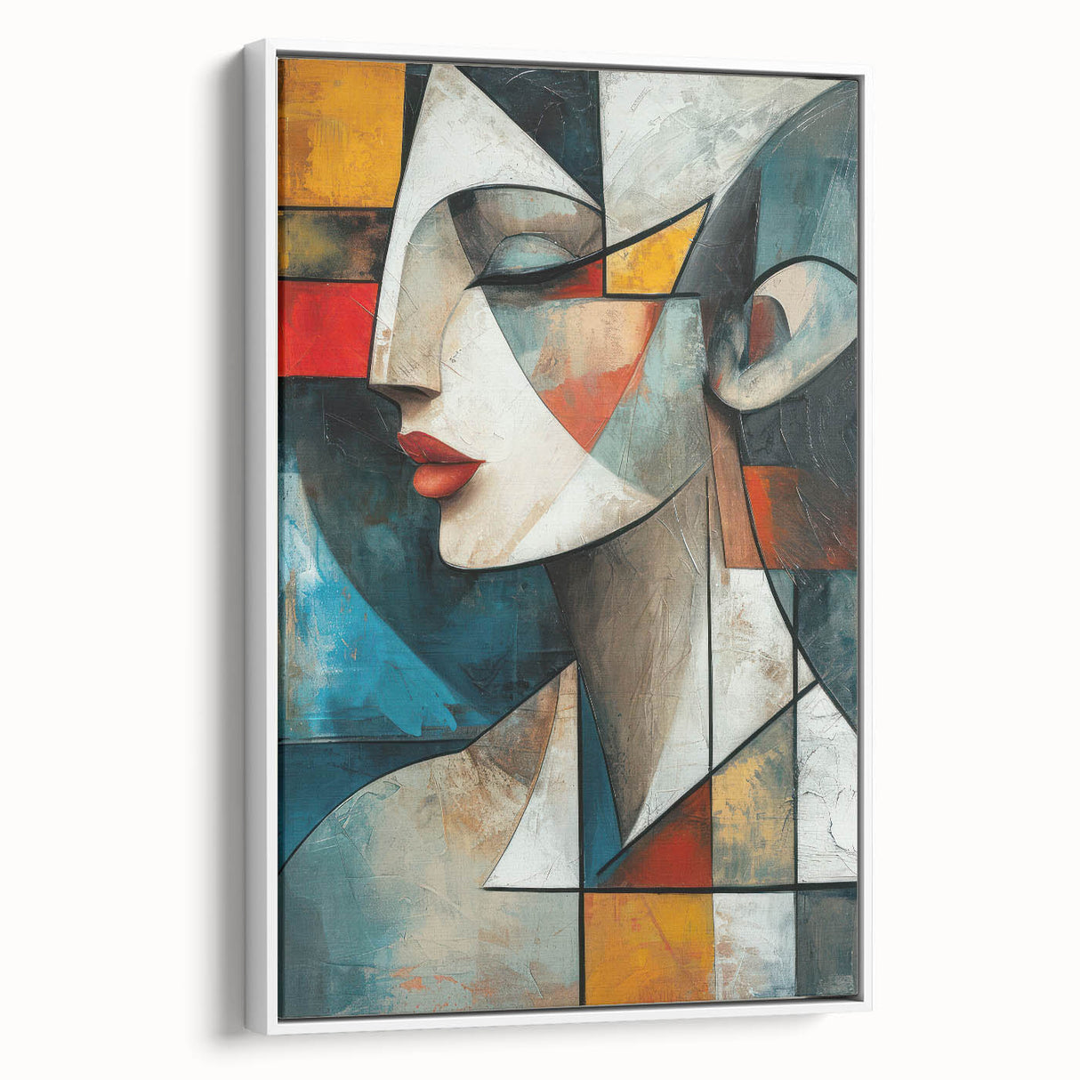 Framed abstract figurative wall art design showcasing dynamic shapes and soft colors, displayed from a side view against a neutral backdrop.