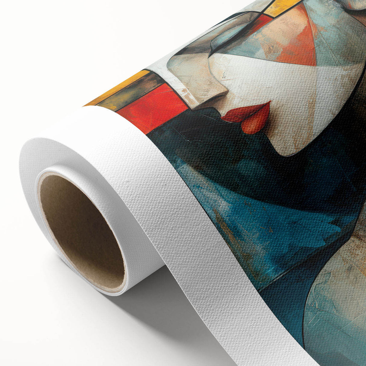 Abstract figurative wall art design on rolled canvas, showcasing vibrant colors and dynamic shapes, perfect for modern home decor.