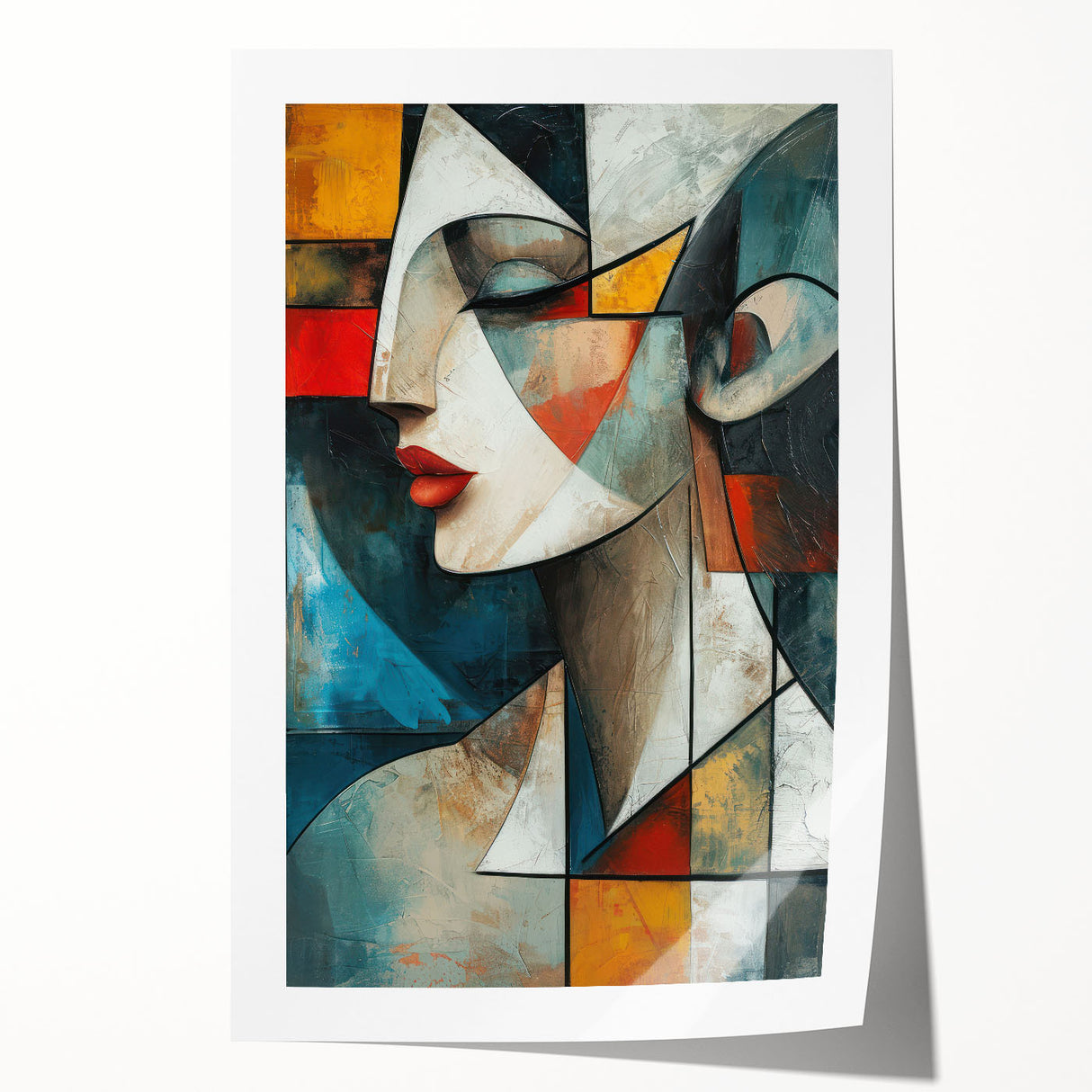 Abstract figurative wall art print showcasing vibrant colors and dynamic shapes, rolled and ready for framing or display in any modern space.