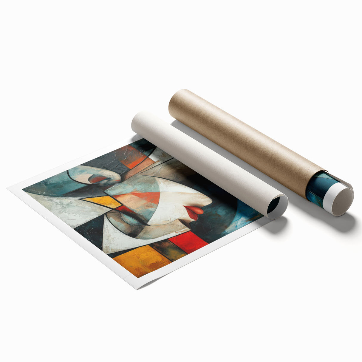 Abstract figurative wall art print showcasing vibrant colors and dynamic shapes, rolled and ready for framing to enhance modern decor.