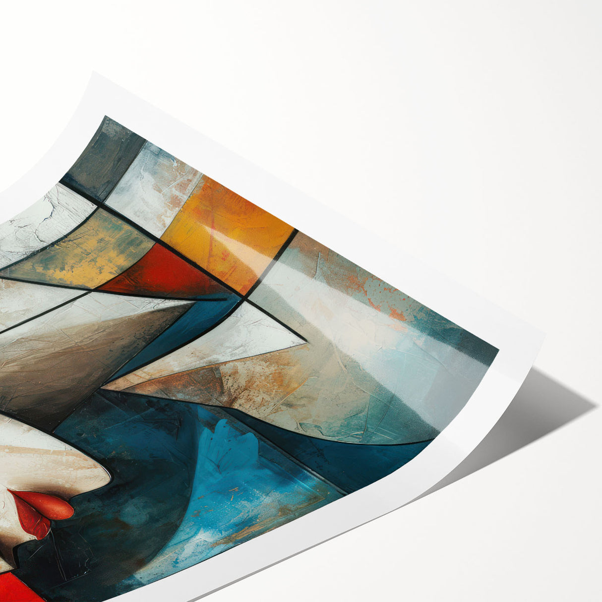 Abstract figurative wall art print showcasing vibrant colors and dynamic shapes, rolled and ready for framing or display in modern decor.
