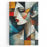 Abstract figurative wall art design on stretched canvas, showcasing vibrant colors and dynamic shapes, perfect for modern home decor.