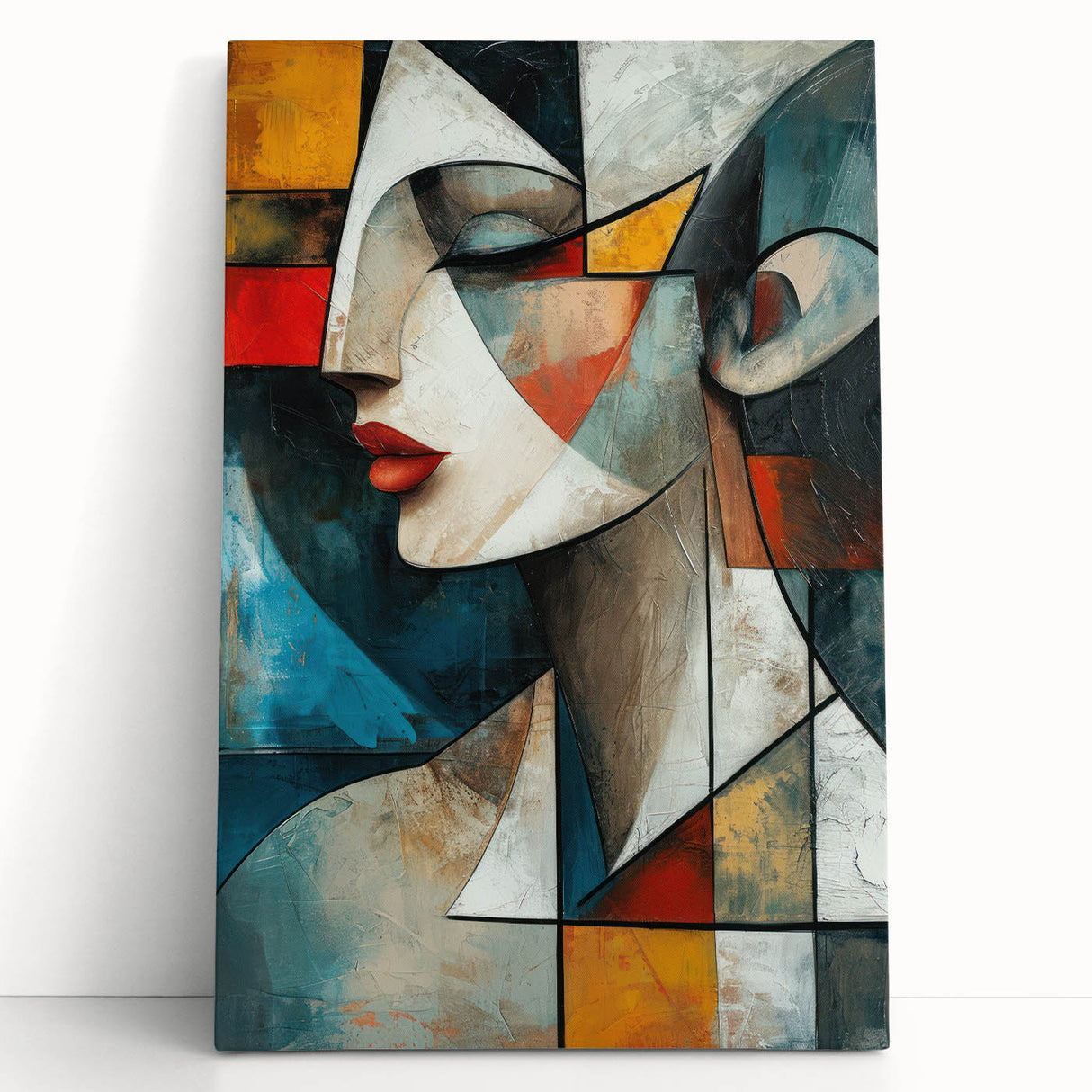 Abstract figurative wall art collection on stretched canvas, showcasing vibrant colors and dynamic shapes, perfect for modern decor accents.