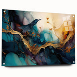 Abstract figurative wall art design showcasing vibrant colors and dynamic shapes, presented in a sleek acrylic glass frame with visible hanging pins.