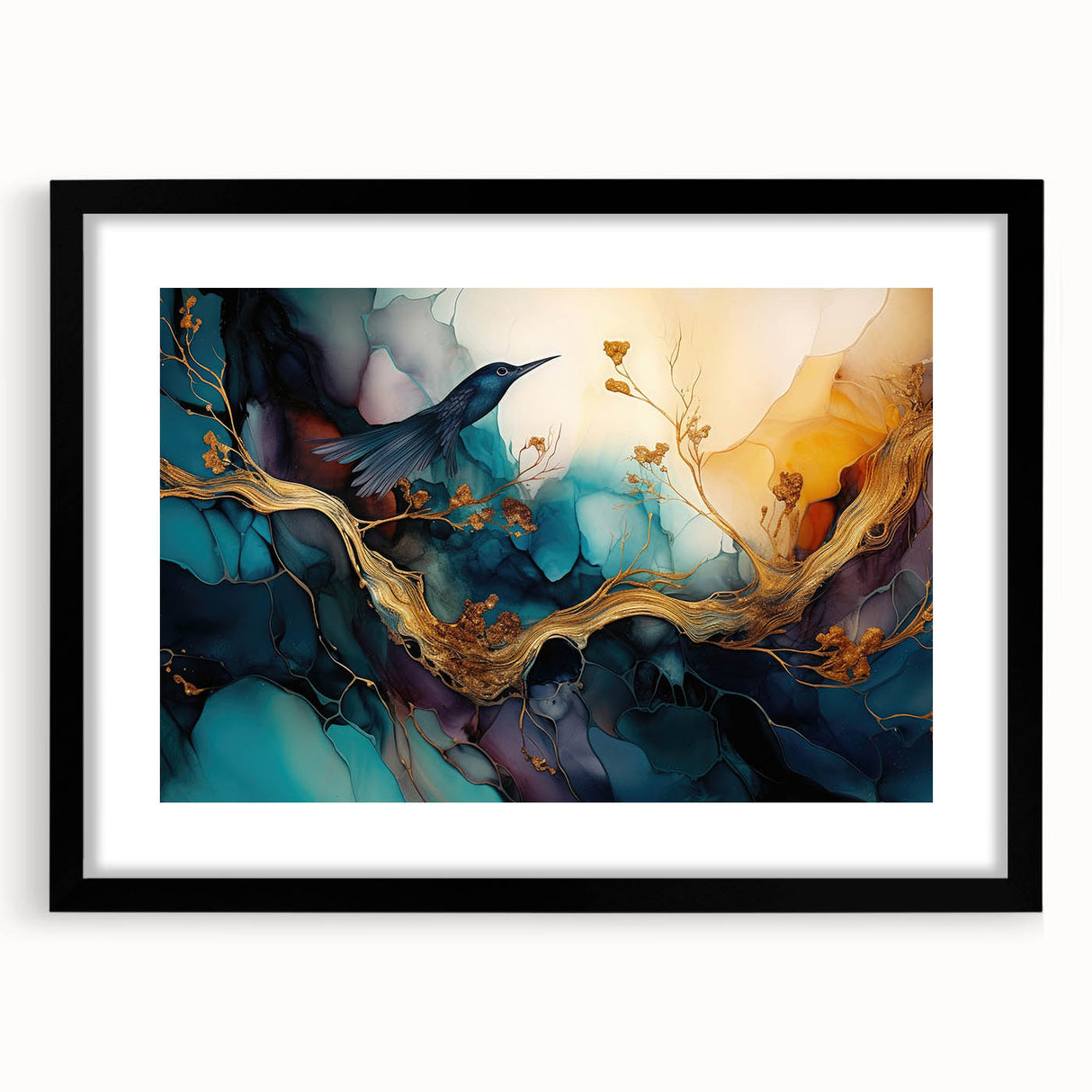 Framed abstract figurative wall art in a sleek black frame, showcasing vibrant colors and dynamic shapes, perfect for modern decor.