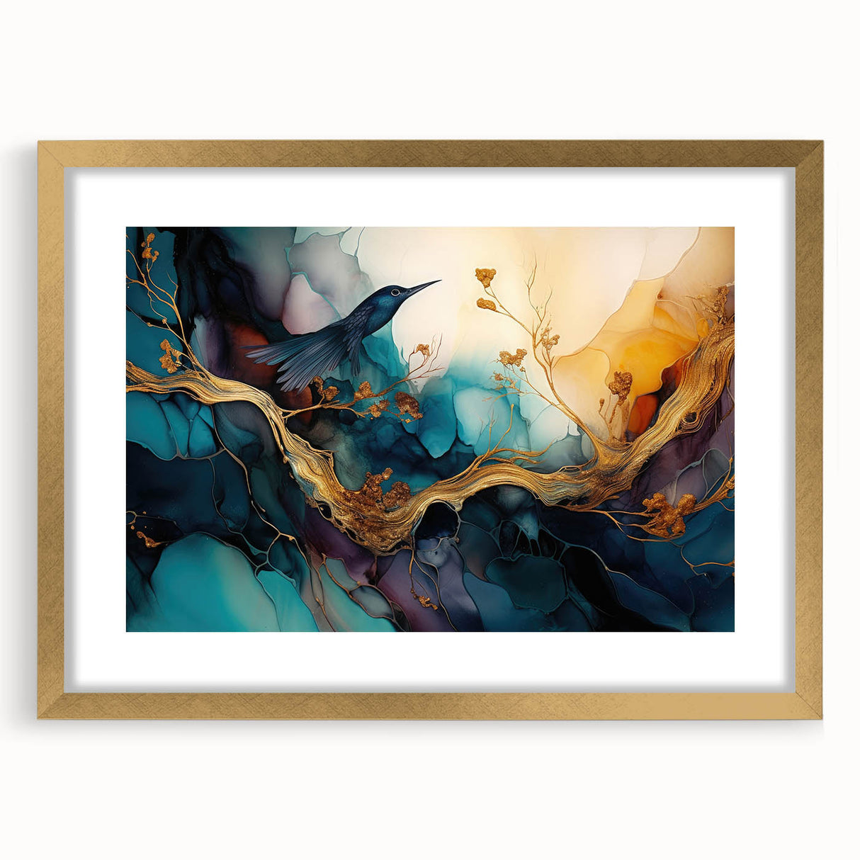 Framed abstract figurative wall art design with a gold finish, showcasing vibrant colors and modern shapes, perfect for contemporary decor.