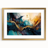 Framed abstract figurative wall art design with a gold finish, showcasing vibrant colors and modern shapes, perfect for contemporary decor.