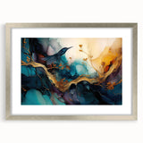 Abstract figurative wall art design in silver frame with mat, showcasing modern shapes and colors, perfect for contemporary home decor.